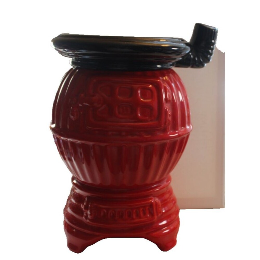 Vintage Red & Black Pot Belly Stove Cookie Jar, Signed Anne, Made in Poland Rare
